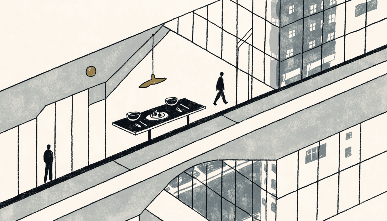 Editorial illustration of an elegant Japanese fine-dining room above a Ginza street at night, low pendant lighting over a table being served a course.