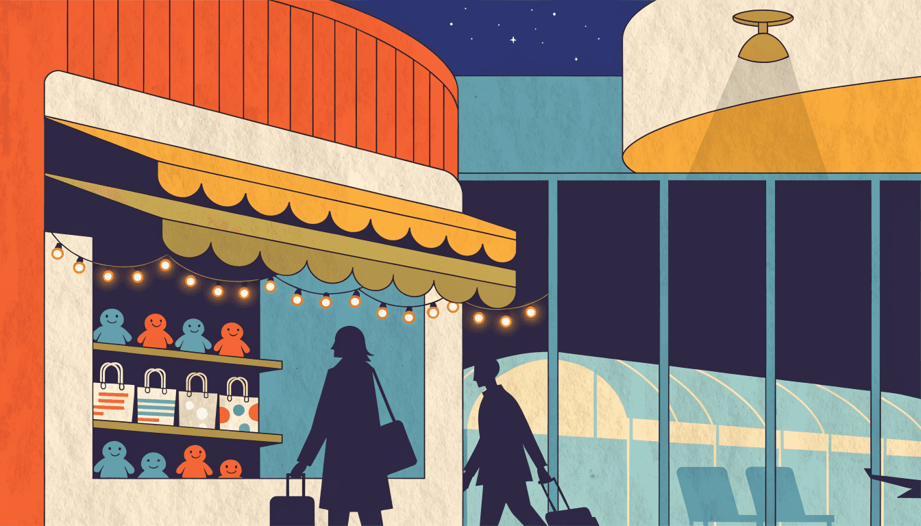 Illustration of a starlit airport pop-up shop with shelves of plush toys and tote bags, silhouetted travellers browsing near a departure gate.