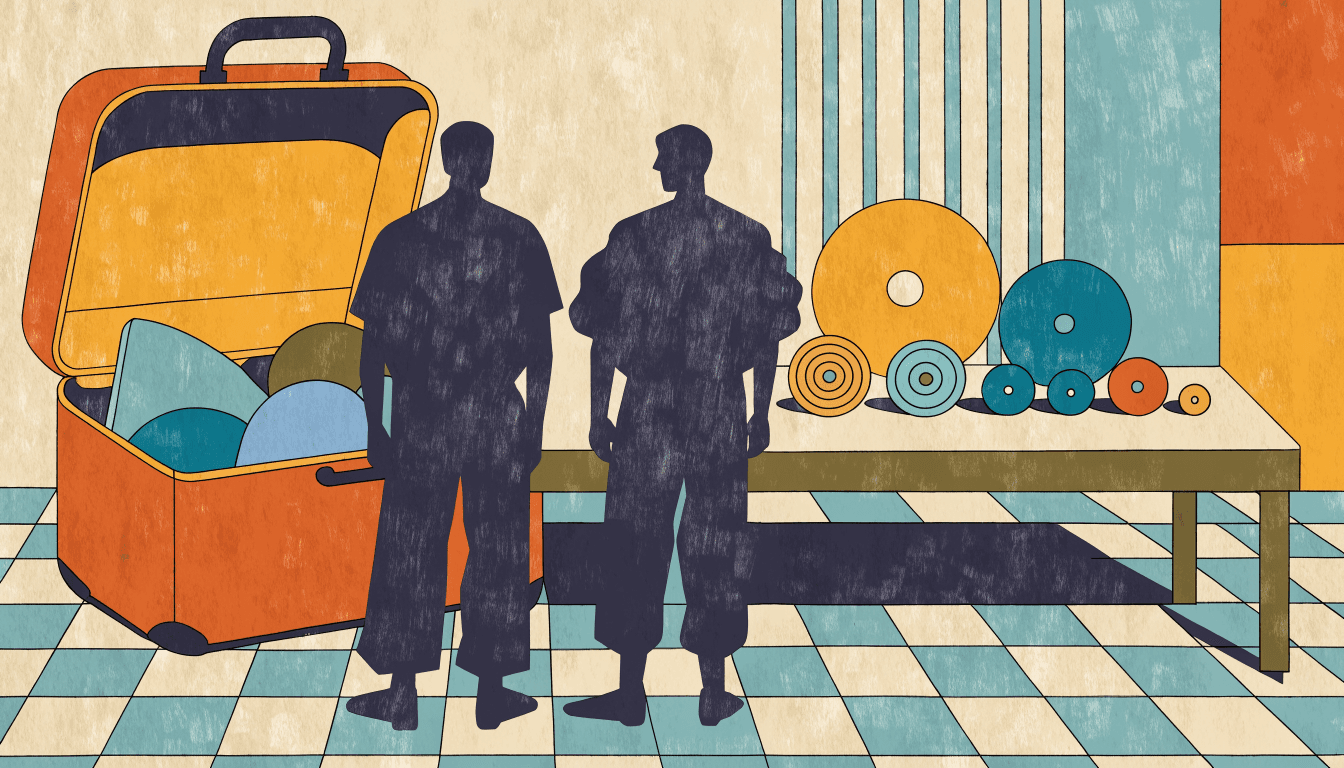 Editorial illustration of an open suitcase beside a table of colourful wheels, with two shoppers seen from behind choosing between them.