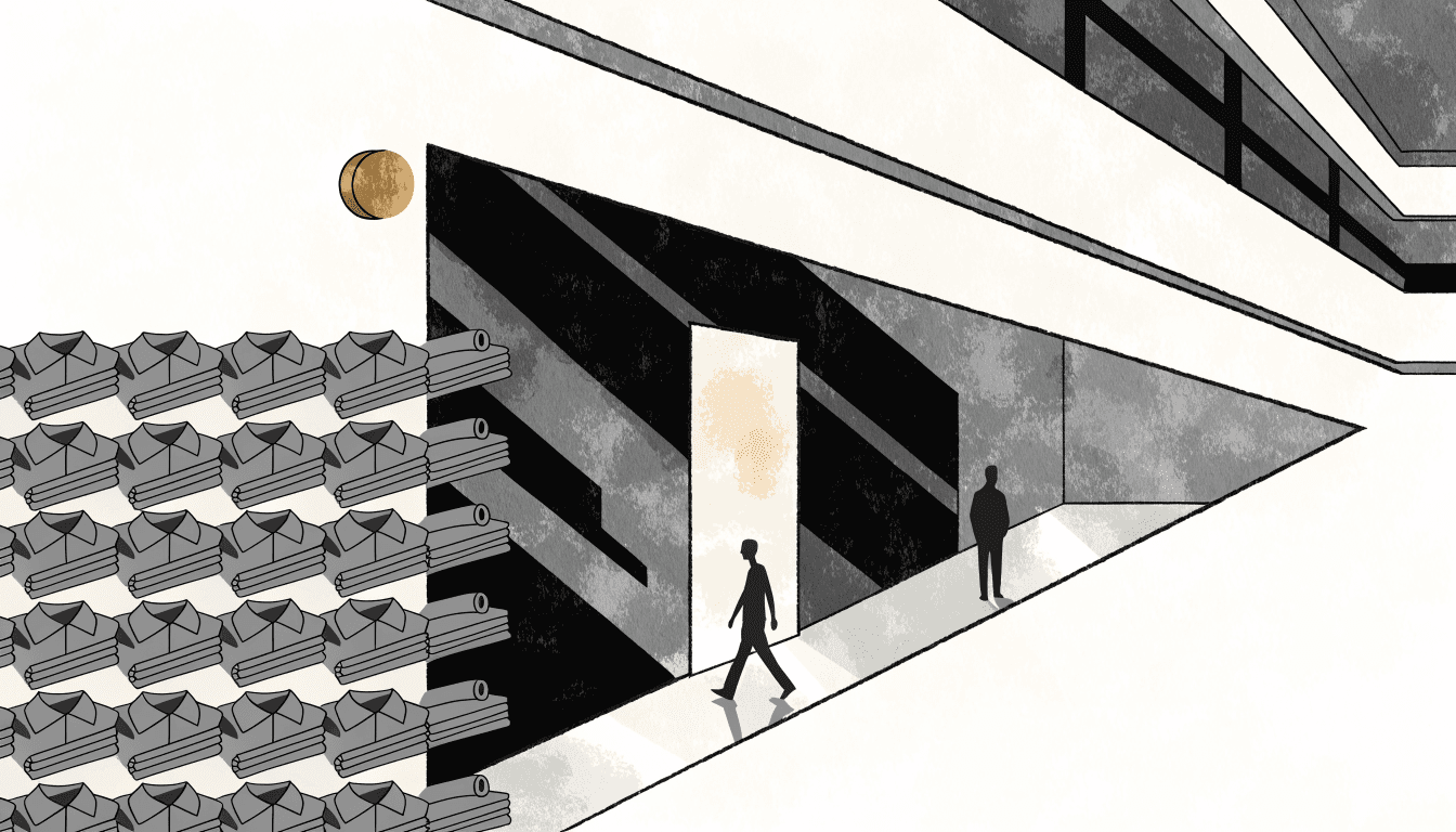 Illustration of a mall clothing shop with a mirrored wall and a wall of folded polo shirts