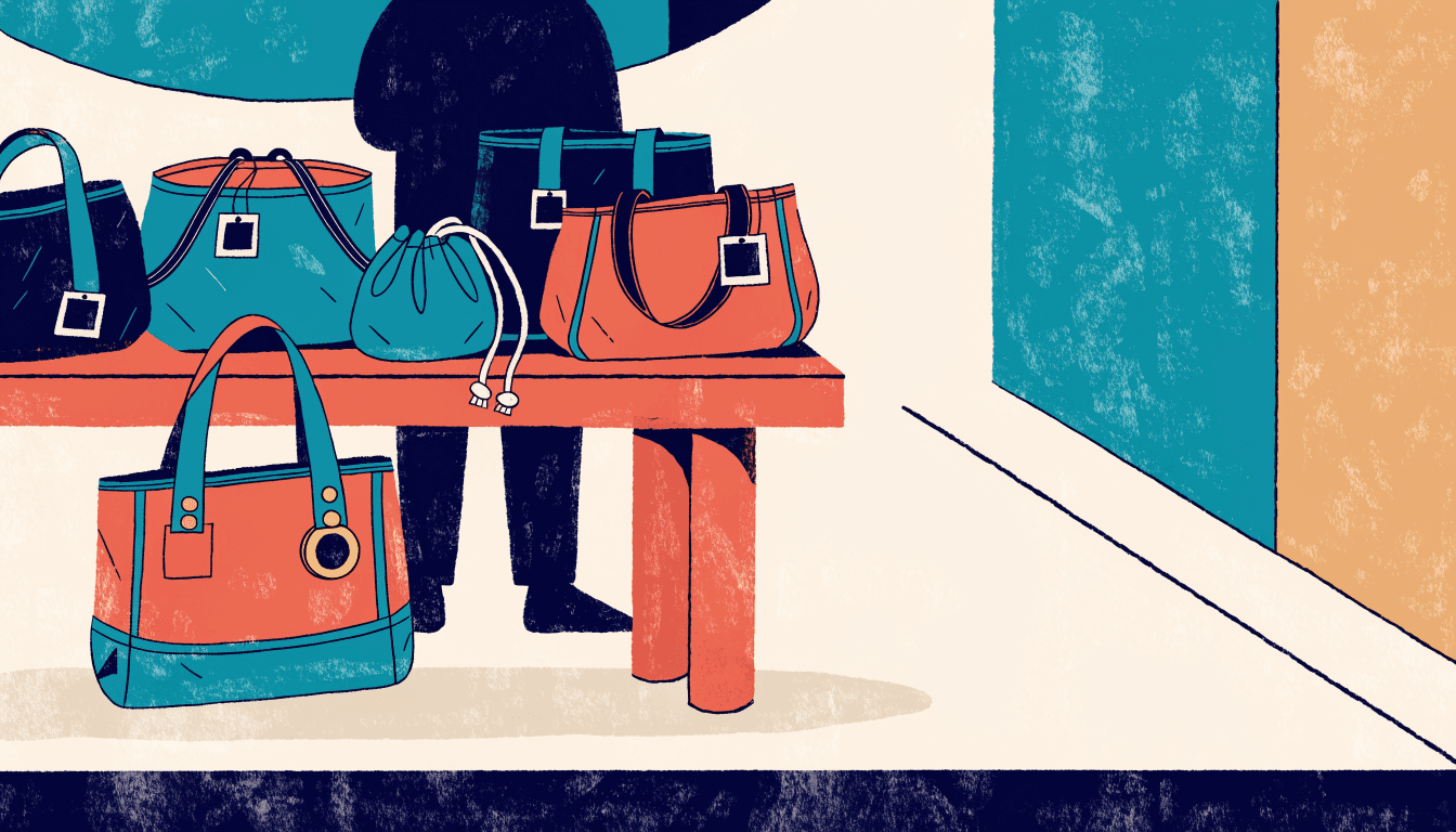 Editorial illustration of a small pop-up shop table displaying repaired and upcycled canvas bags and pouches made from ski-race bibs, each tagged with a small QR-code hangtag, soft gallery-style lighting overhead.