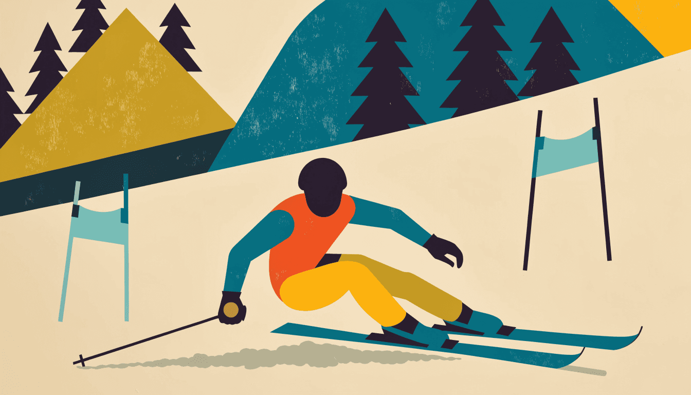 Flat editorial illustration of an alpine ski racer mid-turn on a snow slope in a minimalist racing suit, with one small brass-gold accent on a glove.