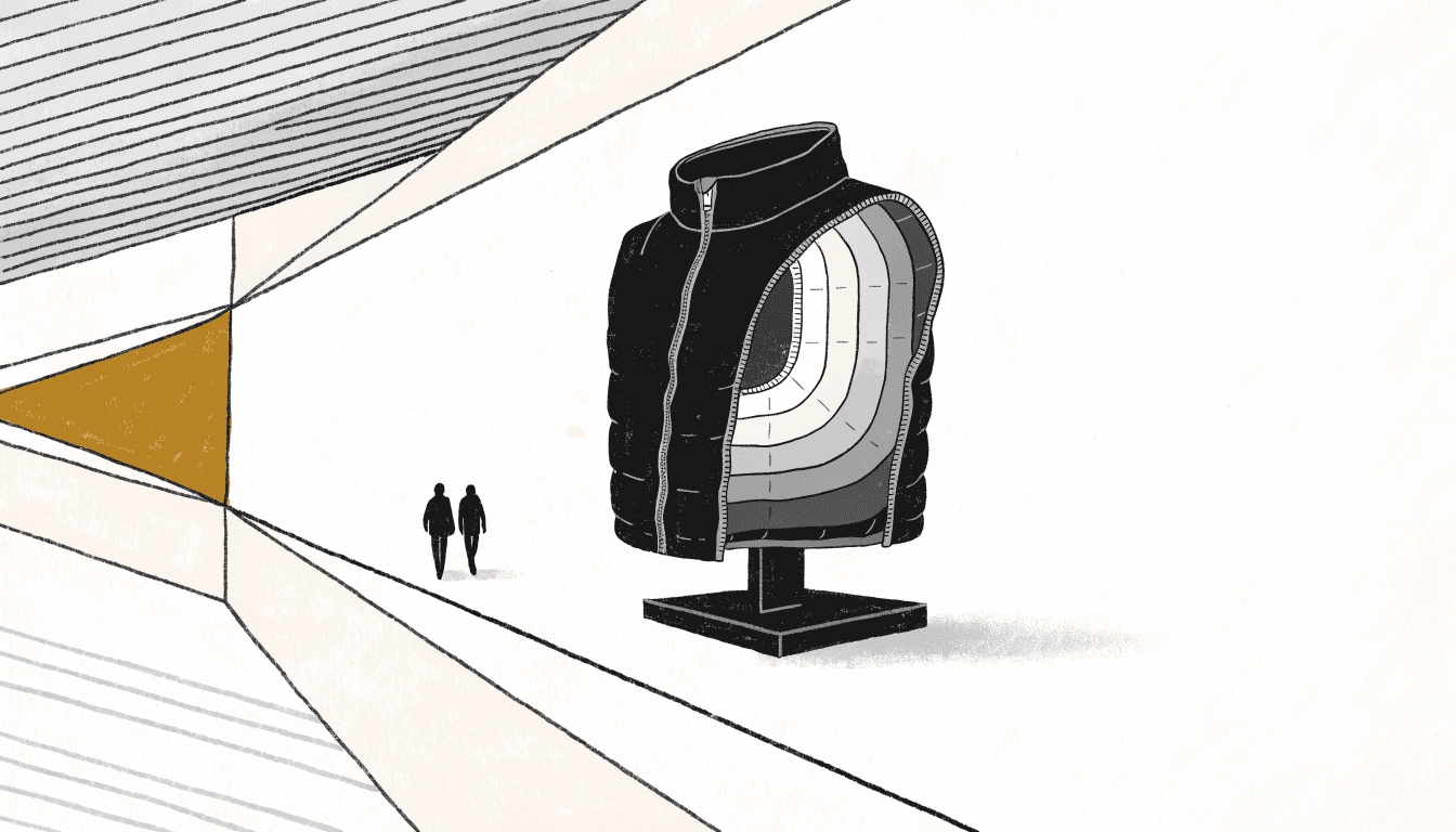 Illustration of an insulated vest on a minimalist display stand, a cutaway section showing its layered air-chamber lining, in a quiet outdoor-gear store.