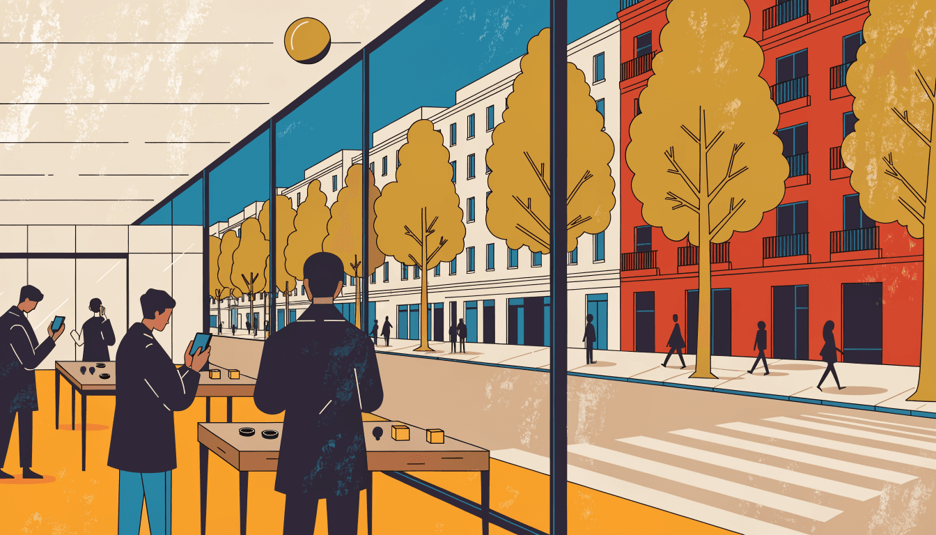 Editorial illustration of a bright ground-floor technology showroom behind a glass facade on a tree-lined Omotesando avenue, where simplified shoppers try handheld devices and small wearables at clean wooden tables.