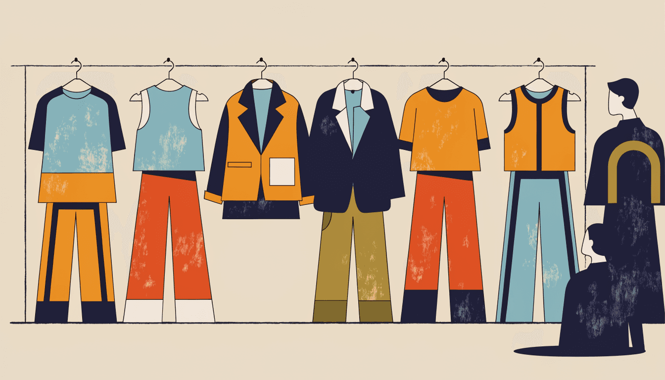 Flat-vector illustration of a fast-fashion store rail with six loosely grouped clothing capsules of different moods, arranged in a calm, orderly row.