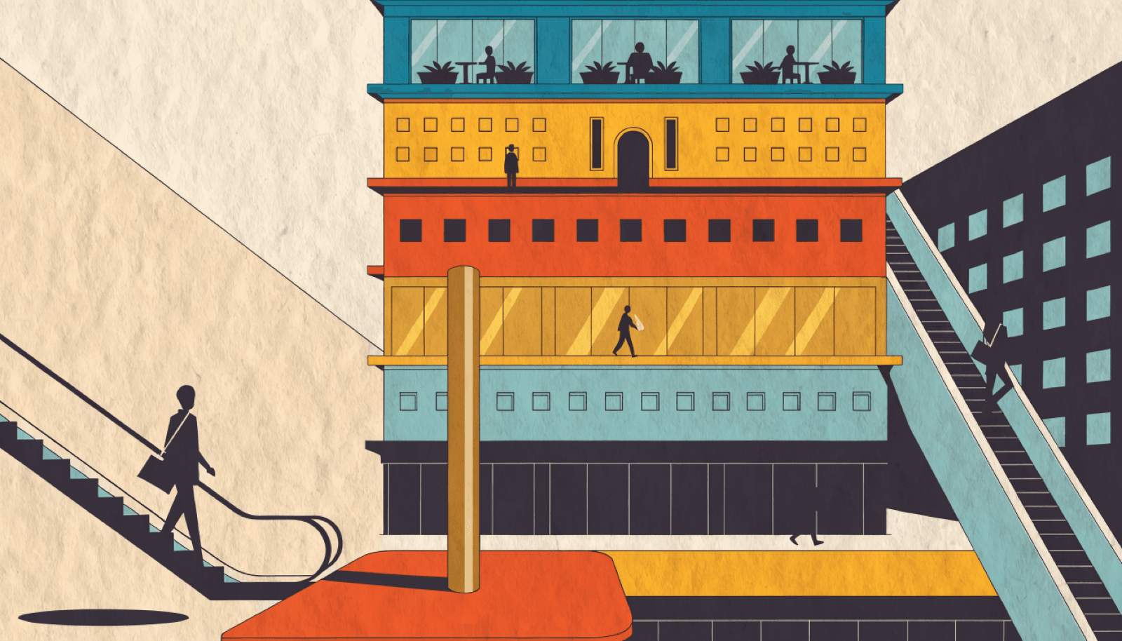 A stylised cross-section of a tall retail tower as stacked floor-bands, a single gold line rising through it.