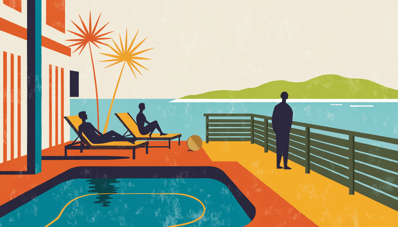 Flat-vector illustration of an ocean-view pool villa deck at a tropical island resort, a private plunge pool in the foreground and a jungle-green island silhouette across calm turquoise water.