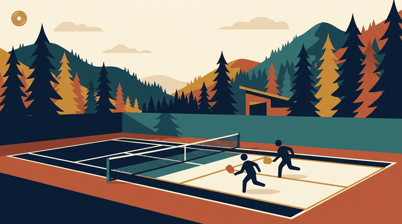 Flat-vector illustration of a resort tennis court with part of it reconfigured into a smaller pickleball court, mountain and pine-forest scenery in the background, with a couple of anonymous silhouette figures holding paddles.