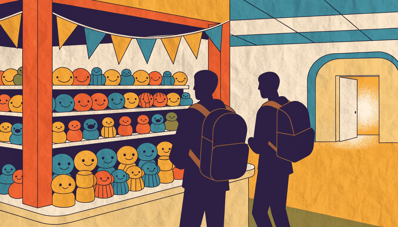 Illustration of a small airport pop-up kiosk with shelves of plush toys and figures, silhouetted travellers browsing nearby.