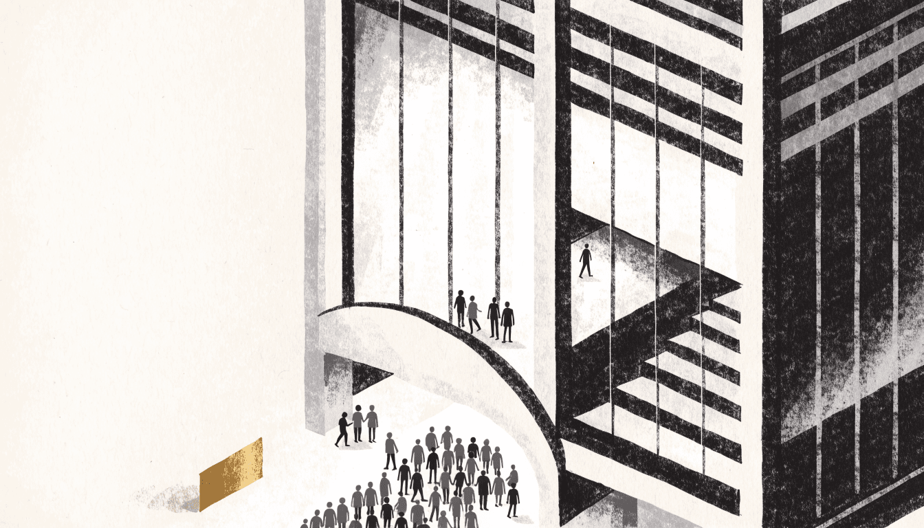 Editorial illustration of two grand department-store facades on a wide Osaka avenue, one glowing brightly with activity and shoppers in silhouette streaming through its doors, its twin building nearby quieter under the same soft evening light.