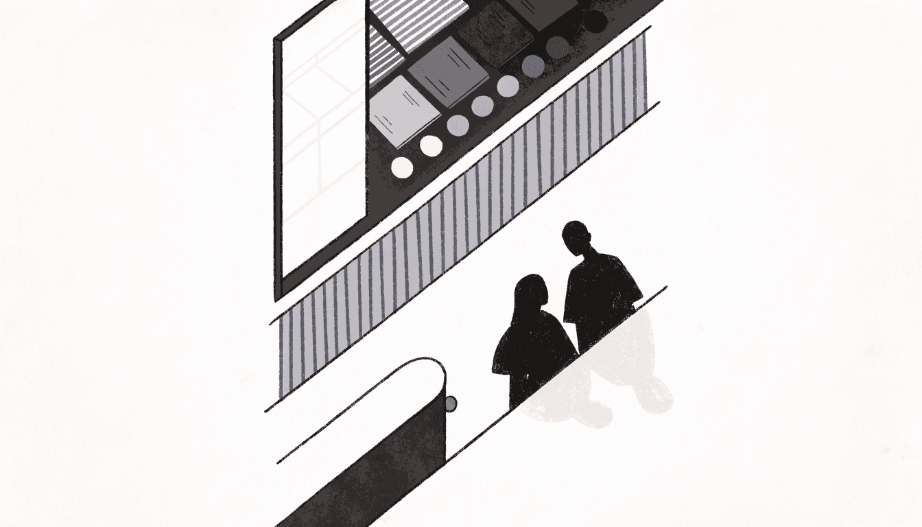 Illustration of a department-store styling corner with a tall mirror, fabric swatches and two silhouetted figures