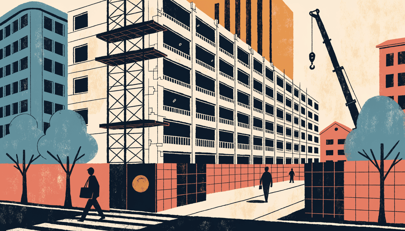 Illustration of an ageing mid-century hotel block stripped back behind site hoardings, scaffolding and a crane alongside it, silhouetted passers-by on the pavement.