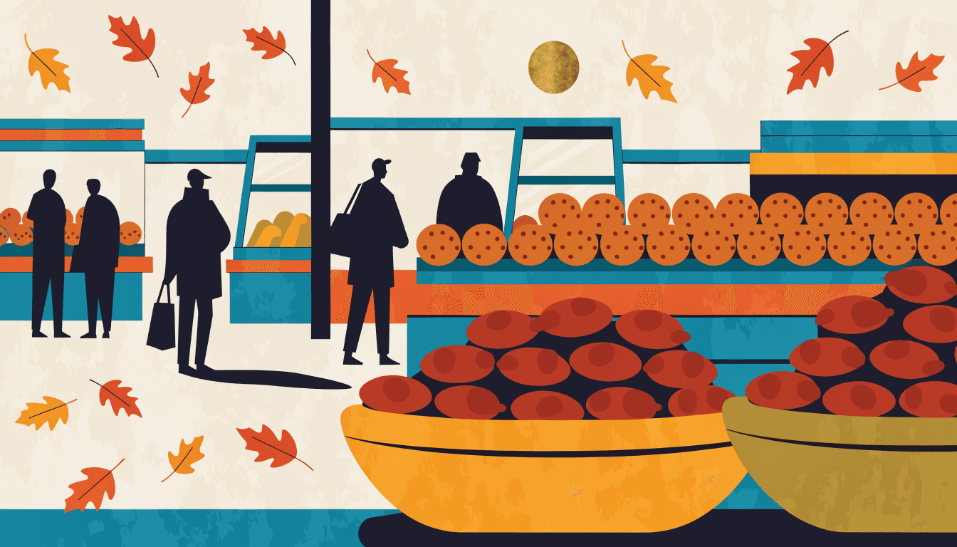 Warm editorial illustration of a department-store food counter piled with chestnuts and swirled pastries, silhouette shoppers queuing and a single brass cake stand.