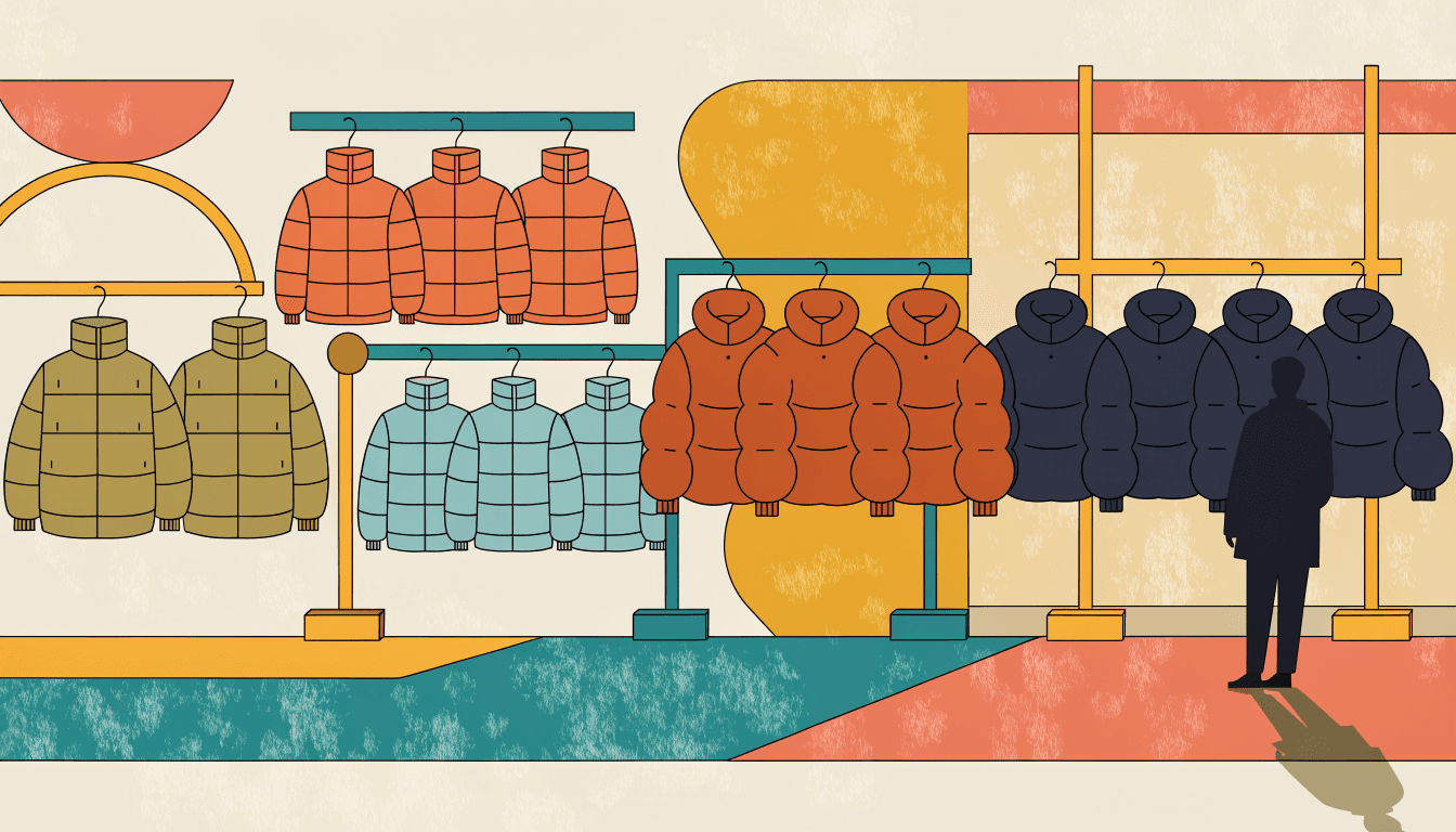Illustration of a winter outerwear floor with racks of quilted puffer jackets and a silhouetted shopper browsing