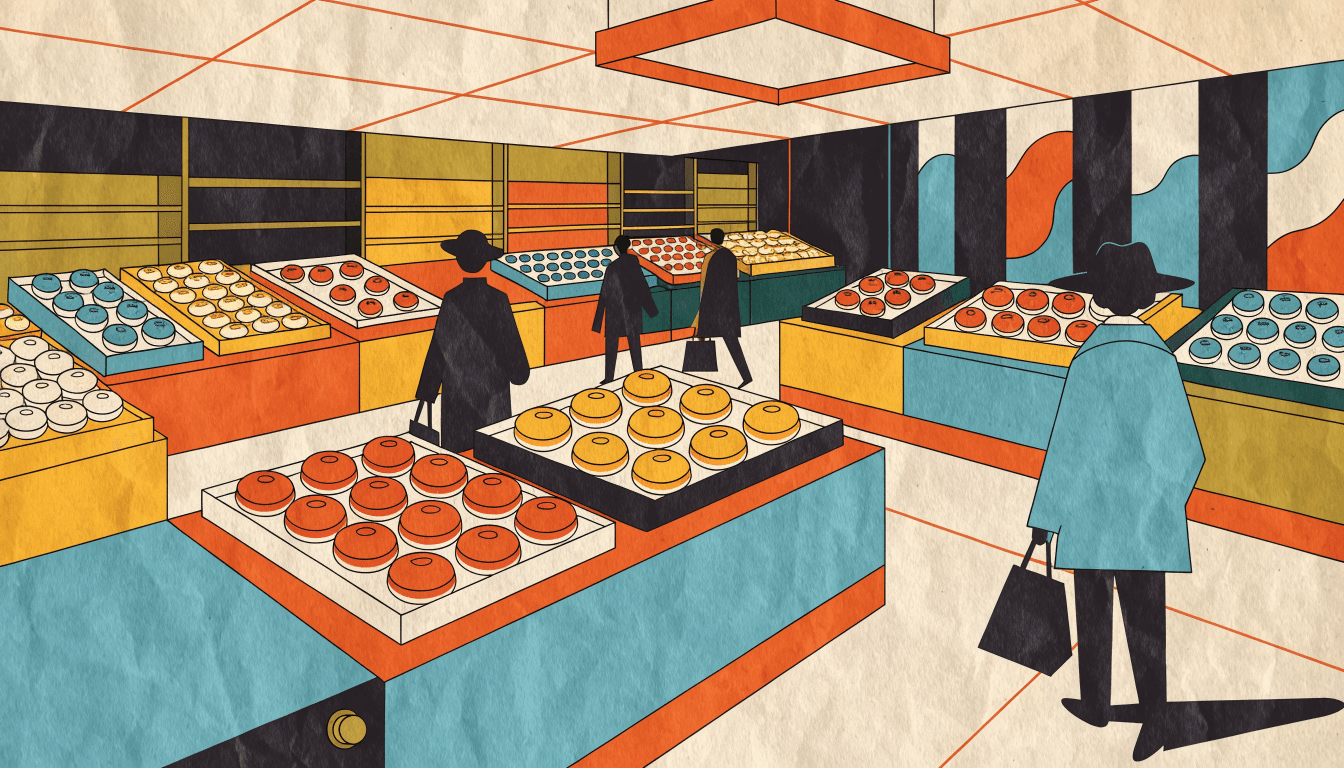 Flat-vector editorial illustration of a department-store sweets-fair floor, rows of stalls with tiered trays of bean-paste treats, silhouette shoppers browsing under warm lighting, one small brass-gold accent.
