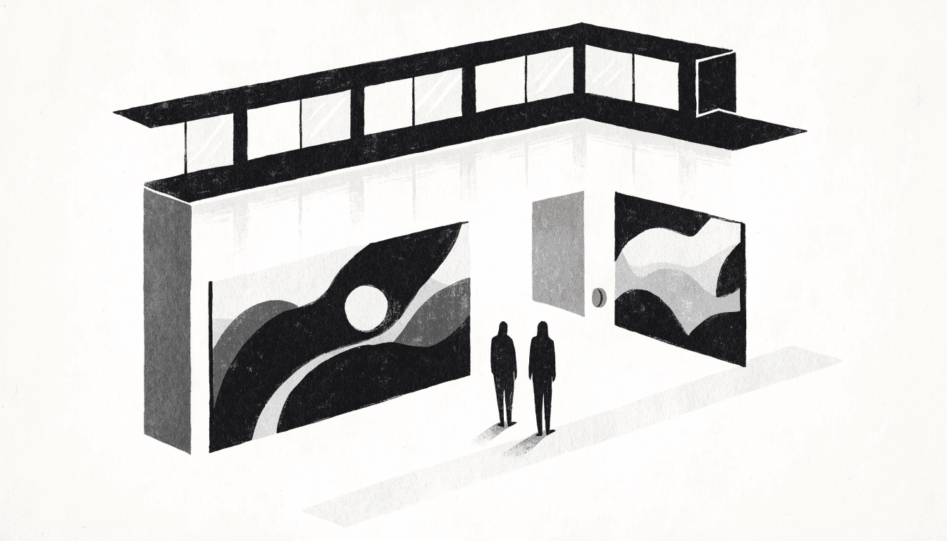 Two silhouetted visitors stand before two large abstract paintings in a quiet gallery.