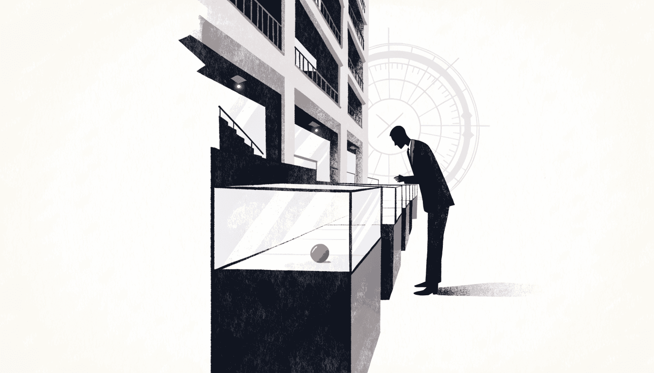 Editorial illustration of a department store's ninth-floor watch salon, glass display cases of fine timepieces under warm spotlighting, a silhouette figure in a suit examining a watch at a counter, a faint astronomical-clock motif on the wall.