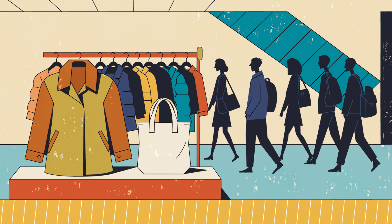 Editorial illustration of a pop-up corner on a station basement floor: a coat on a plinth beside a tote bag, a rail of autumn and winter jackets, and commuters passing in silhouette, in a warm flat-vector style.