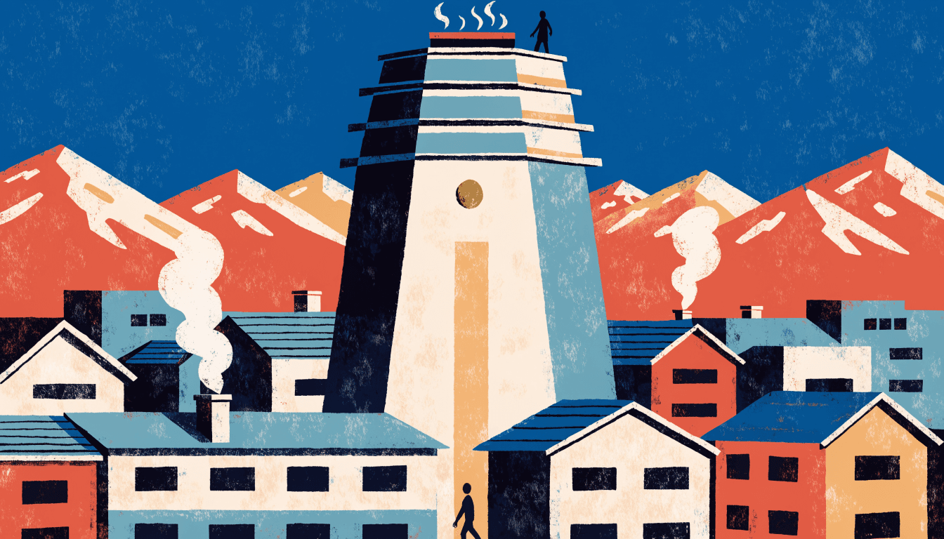 Flat-vector editorial illustration of a tall, many-sided onsen ryokan tower rising above a steaming hot-spring town at dusk, mountain peaks beyond and a small brass-gold accent.