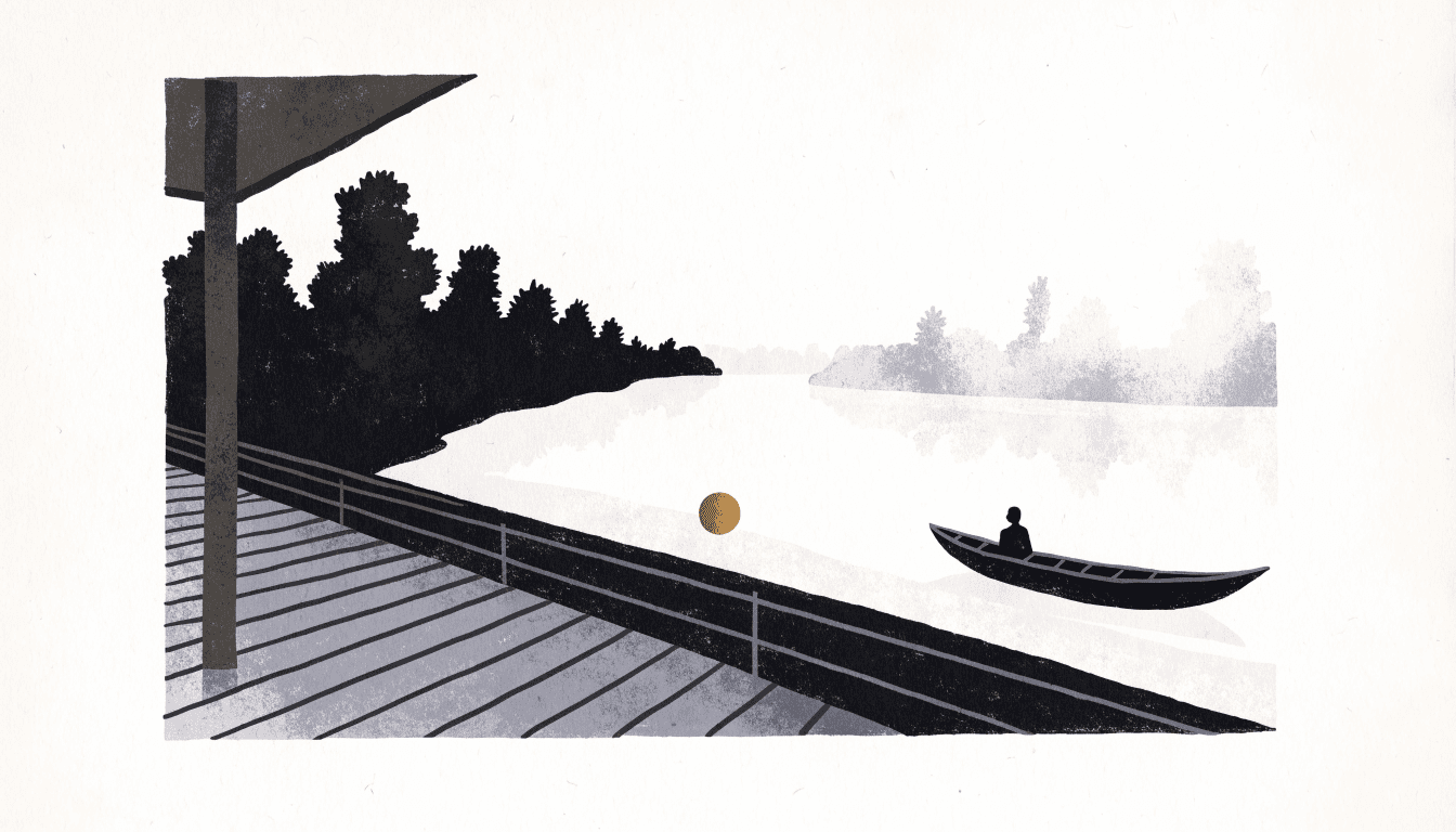 Illustration of a riverside ryokan veranda overlooking a calm, tree-lined river with a wooden boat drifting past and a silhouetted figure seated inside.