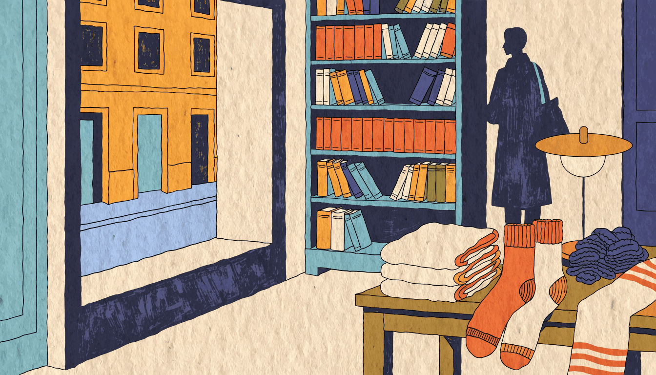 Flat-vector illustration of a cosy bookstore-adjacent retail corner with neatly folded socks and knitted accessories on a low table near bookshelves, one silhouette figure browsing from behind, warm lamplight, one small brass-gold accent.