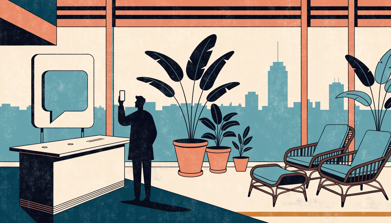Flat-vector illustration of a hotel lobby at dusk, a silhouette guest holding a smartphone by the reception desk, an abstract art panel with speech-bubble shapes, tropical plants and rattan seating beyond.