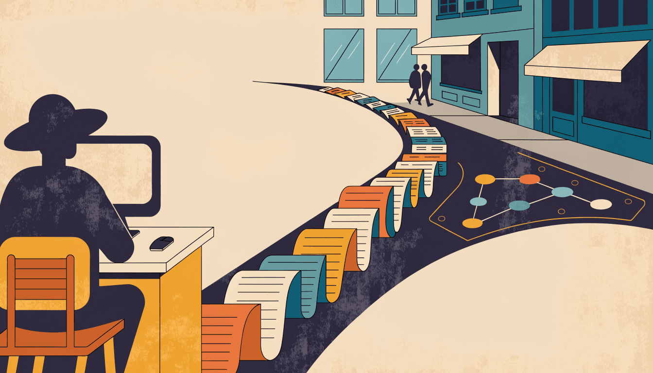 Warm editorial illustration of a wall of data panels flowing toward a design bench lined with packaging mockups, a silhouette figure reviewing them.