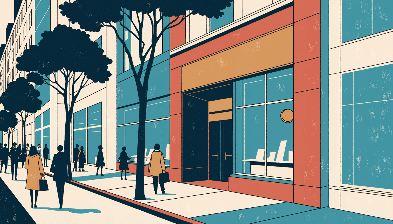 A flat-vector illustration of a generic upscale retail flagship storefront on a tree-lined Ginza street, with silhouetted pedestrians passing large glass display windows.