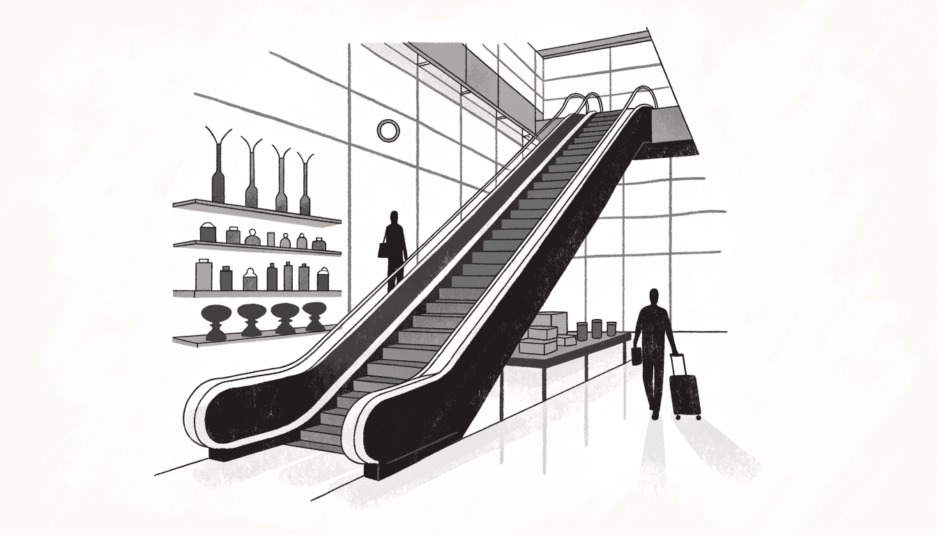 Illustration of a department store atrium with an escalator rising past jewellery and gift displays, silhouette shoppers carrying bags and one visitor pulling a rolling suitcase.