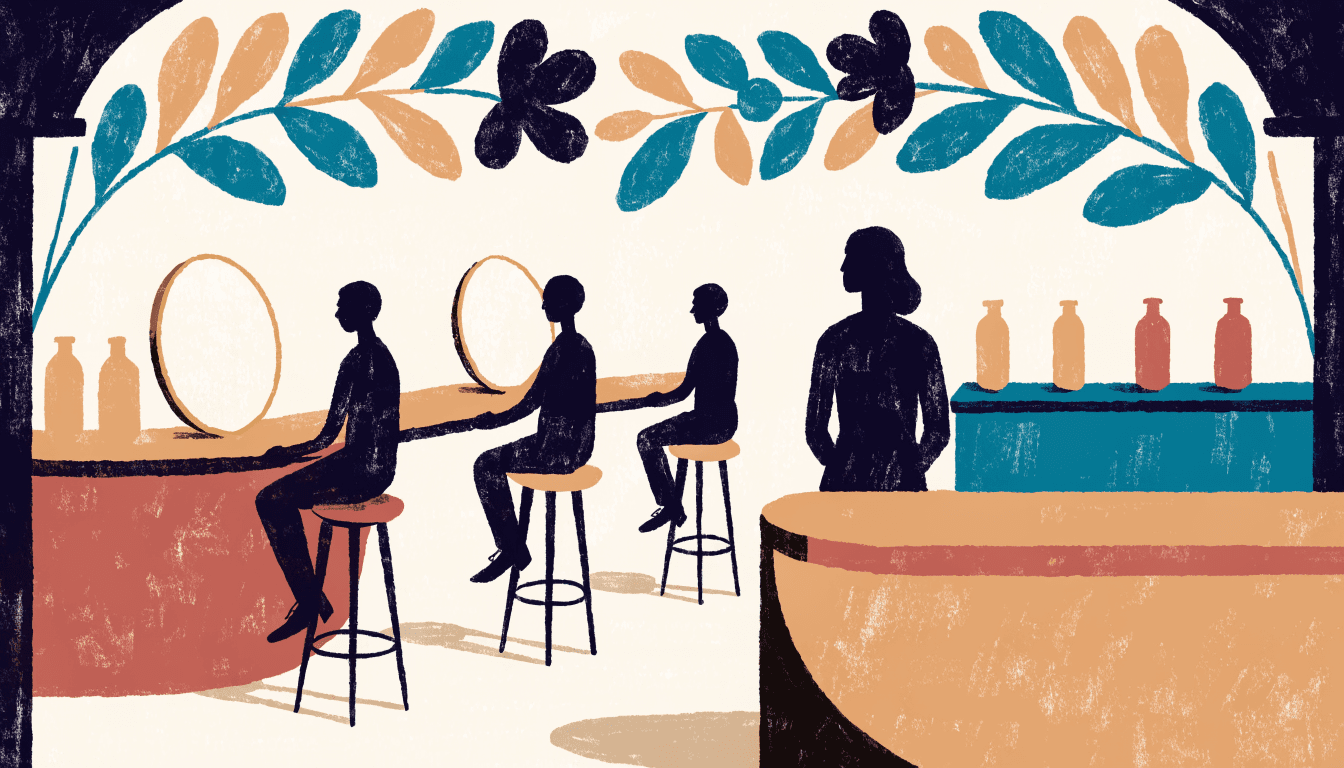 Illustration: an airy department-store beauty hall built around service — silhouetted customers seated on stools at open counters facing an attendant, with round mirrors and a canopy of leaves overhead.