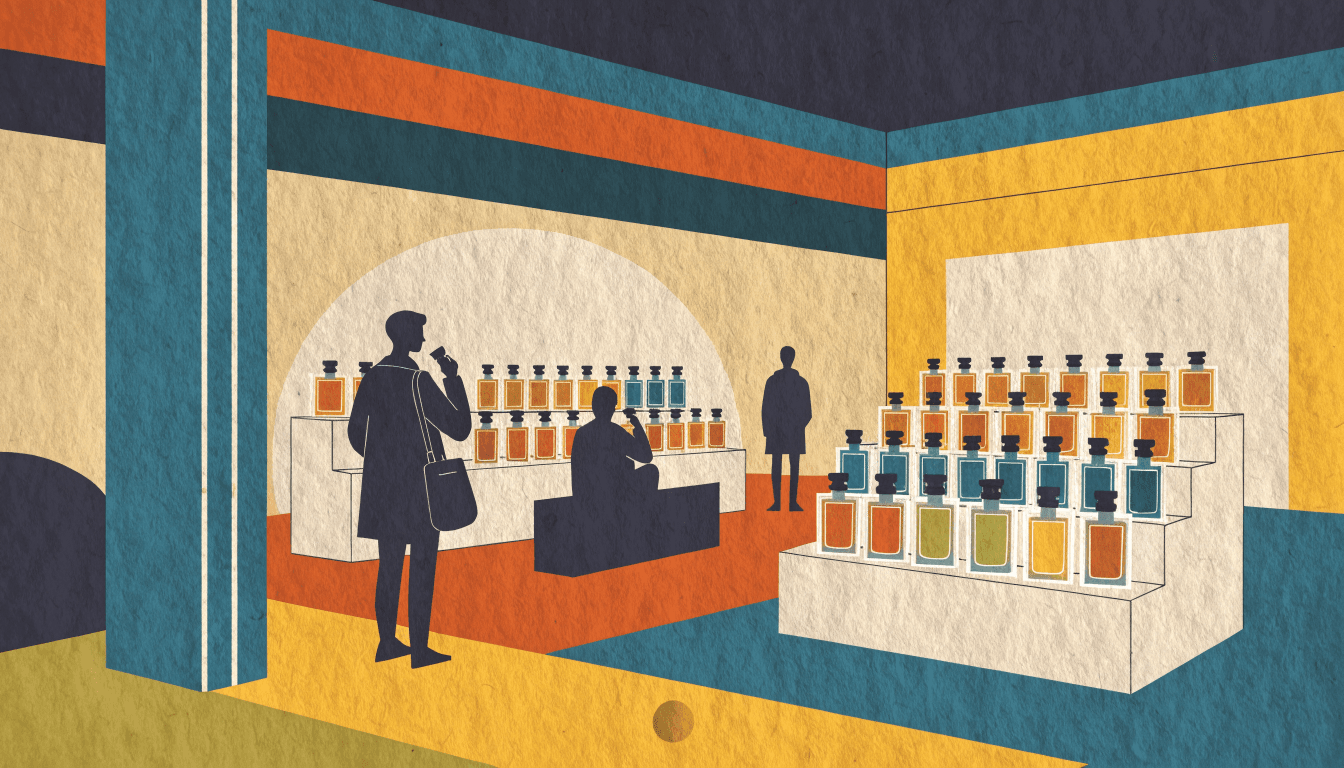 Editorial illustration of a department store event floor transformed into a fragrance fair, rows of slender perfume bottles on tiered white display stands under a soft overhead glow, a few shoppers in silhouette sampling scents.