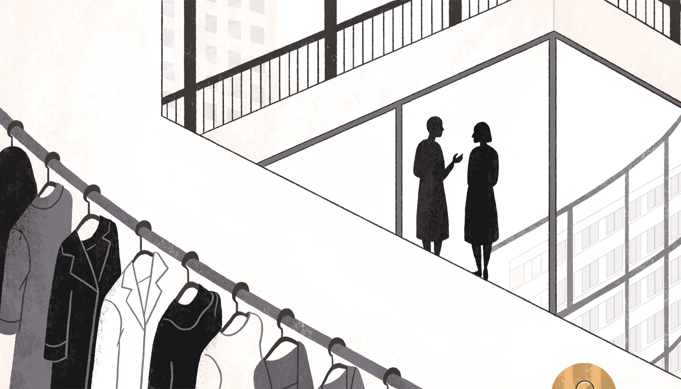 A styling nook in a city tower shop: a rail of garments in the foreground and two silhouetted figures in conversation behind a glass partition.