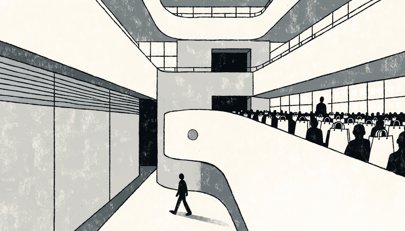 Flat editorial illustration of a department-store atrium in near-monochrome greys, a lone silhouette walking a curved balcony while a crowd of silhouetted shoppers carrying shopping bags fills the far side, with one small gold accent.