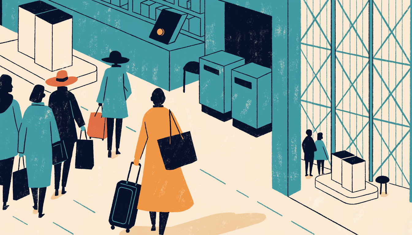 Illustration of shoppers carrying duty-free bags and rolling suitcases past a department-store counter beside a smaller, partly screened-off corner of the same floor