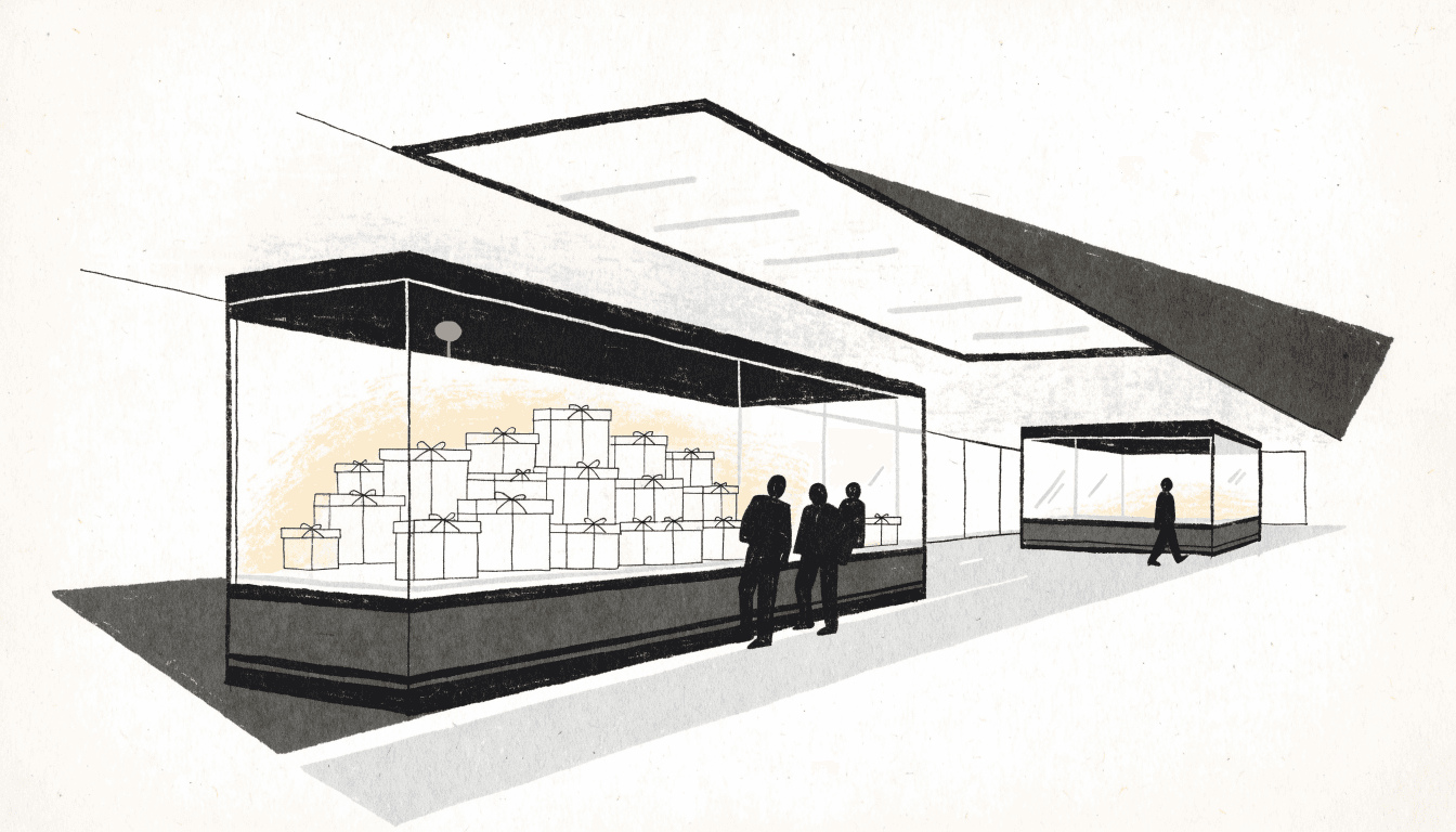 Editorial illustration of an airport duty-free concourse along a long diagonal — one display counter crowded with shoppers and gift boxes, a second counter further down the corridor standing quiet, warm near-monochrome palette with a touch of gold.