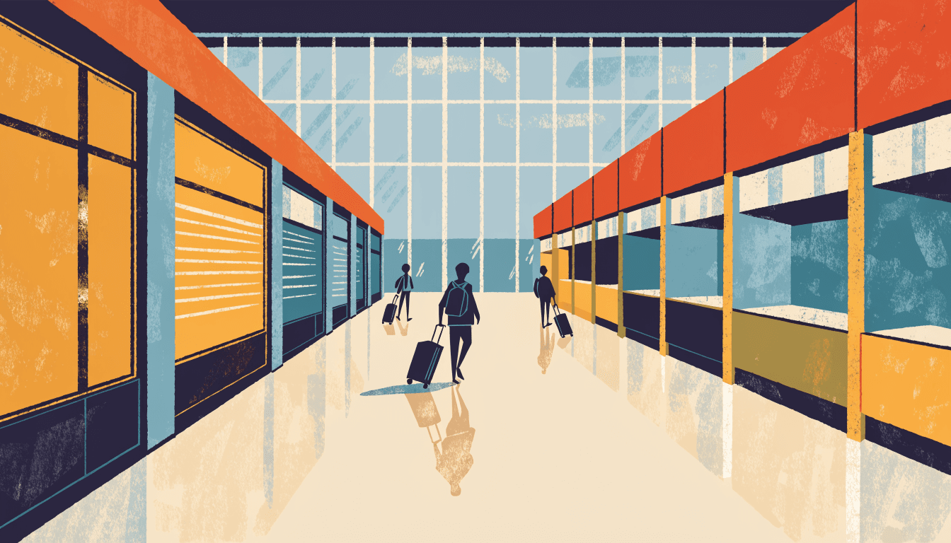 Editorial illustration of an airport terminal's retail concourse seen from above, rows of storefronts receding toward a glass facade with silhouette travellers crossing the floor below.