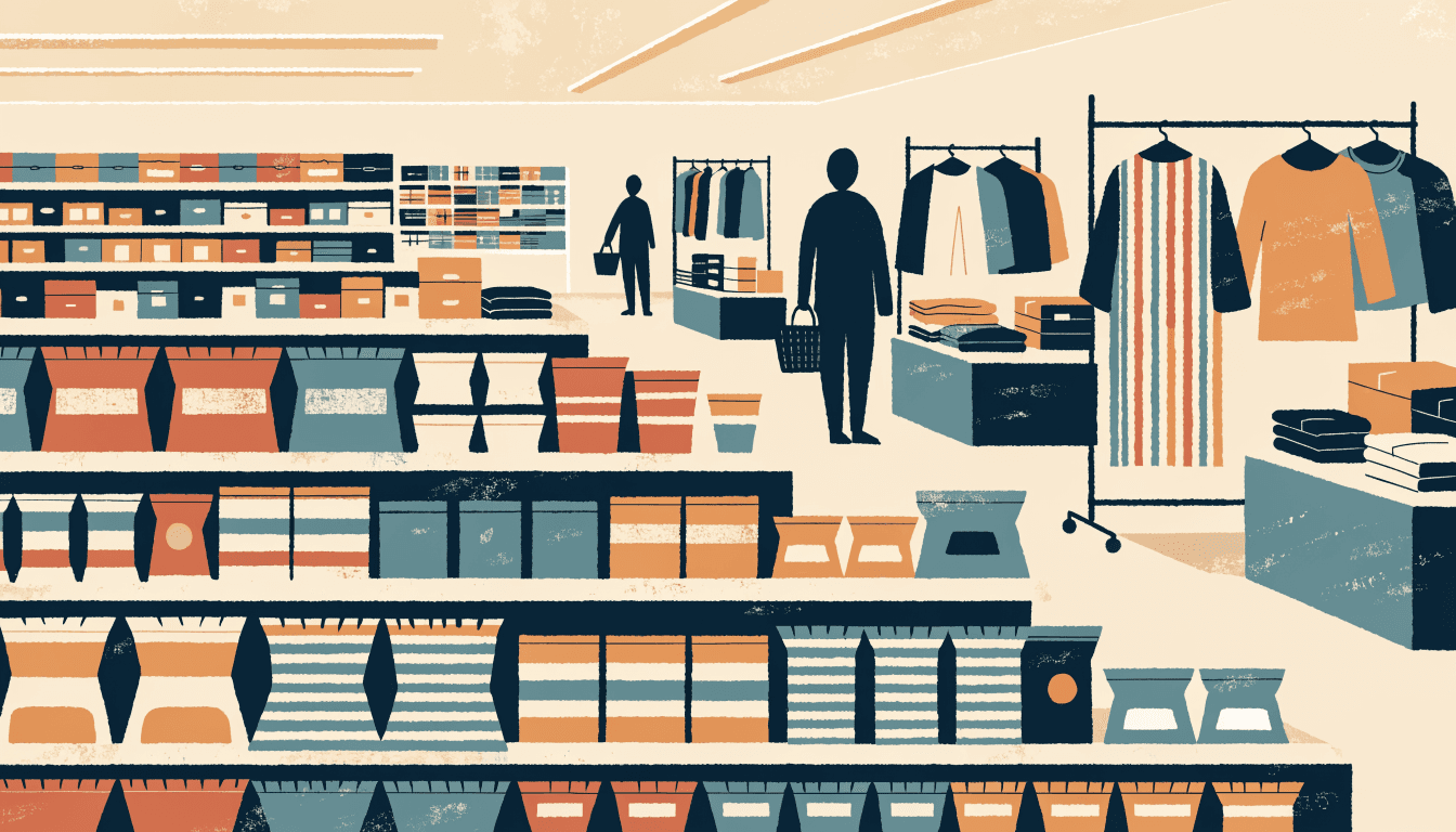 Illustration of a Japanese chain supermarket sales floor, well-stocked food shelves in the foreground giving way to a quieter clothing and homeware section behind, a shopper with a basket browsing