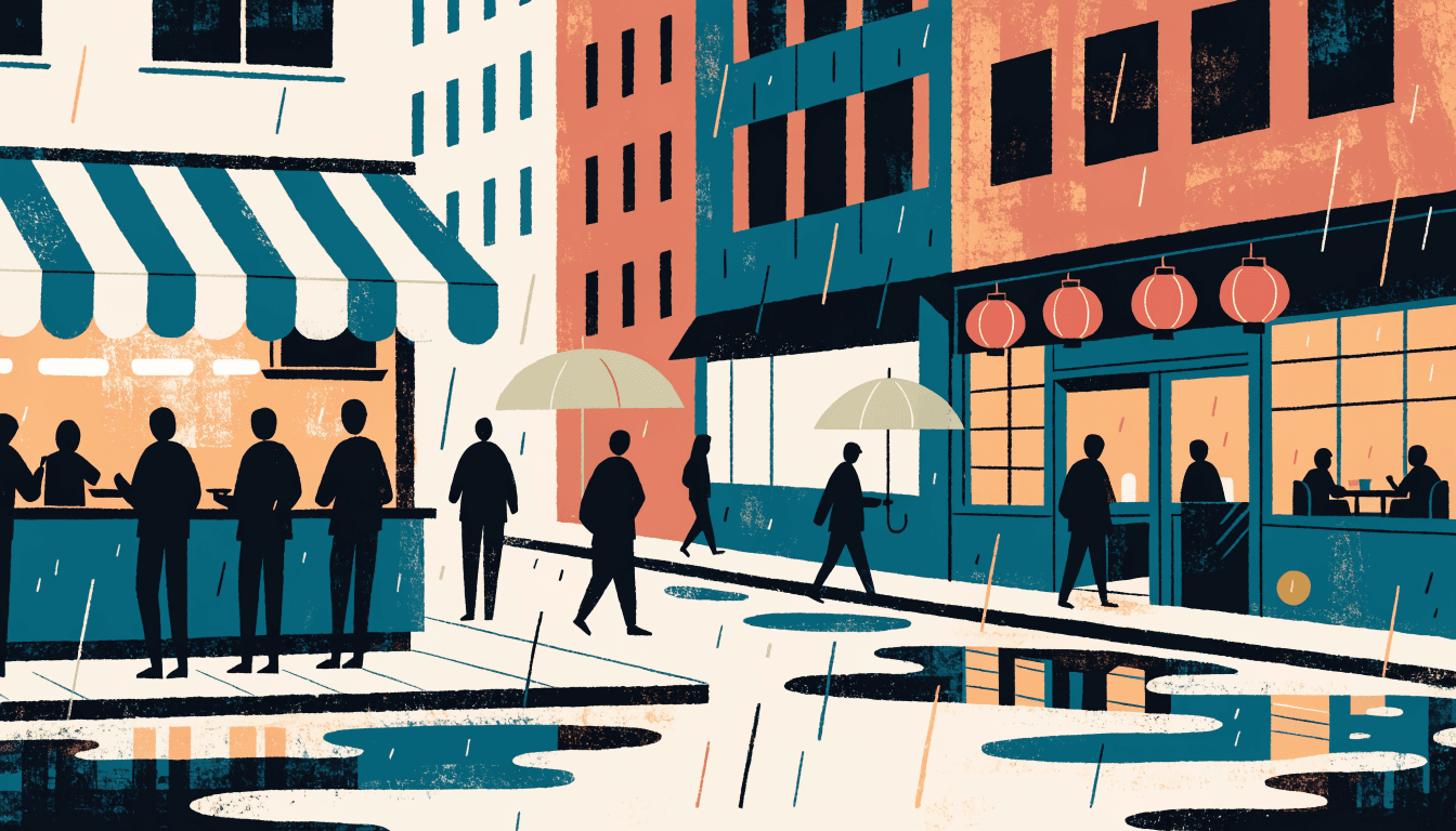 Editorial illustration of a rainy Tokyo restaurant street at dusk: a busy fast-food noodle counter under a striped awning full of silhouette customers, and a quieter red-lantern izakaya across the wet street.