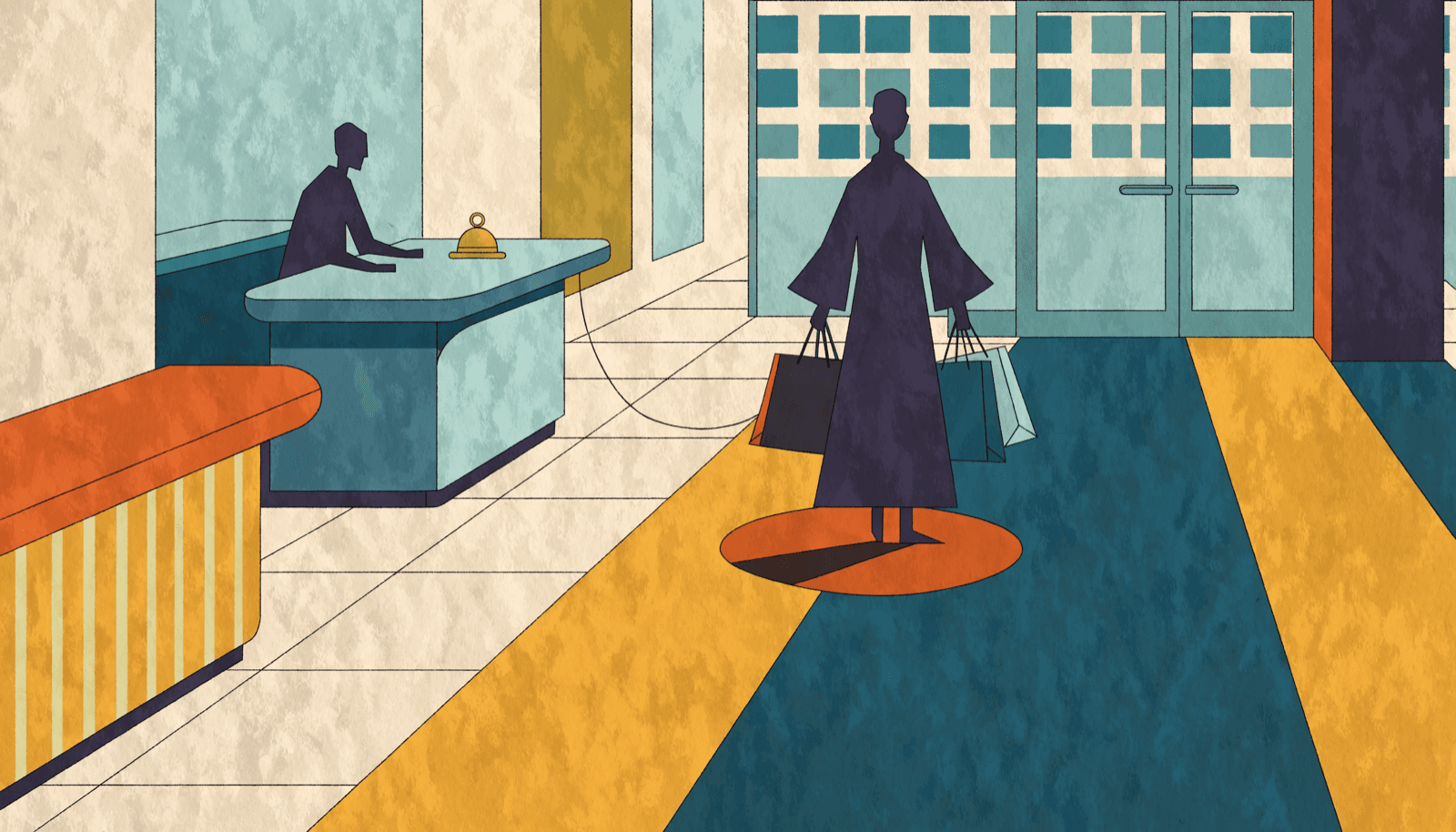 Editorial illustration of a department-store service counter beside a dark archway, warm near-monochrome with a single gold line.
