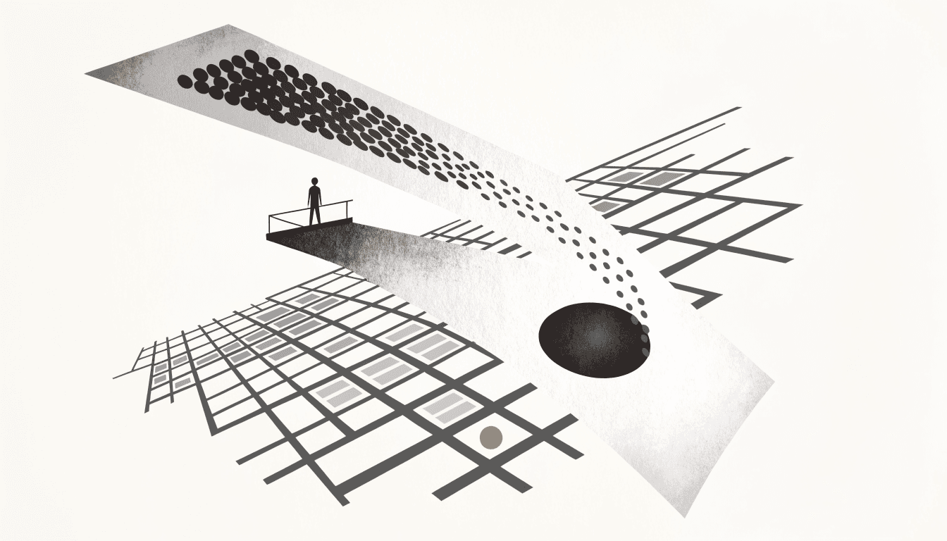 Illustration of two layered planes — one carrying a stream of dots, the other a still dark circle — converging over a Tokyo street grid, with a lone silhouette on a balcony