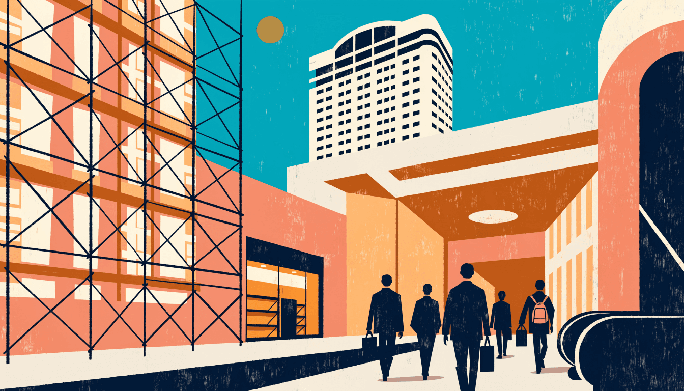 Editorial illustration of a Tokyo commuter train station exterior at dusk, construction scaffolding wrapping one side of the building, a small ground-floor shopfront glowing warm and a tall hotel tower rising above it.