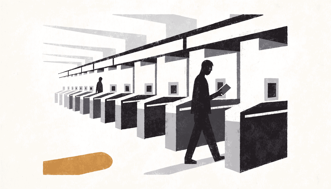 Calm near-monochrome editorial illustration of a Japanese train station ticket-gate corridor, with a silhouette figure passing through a gate holding a ticket.