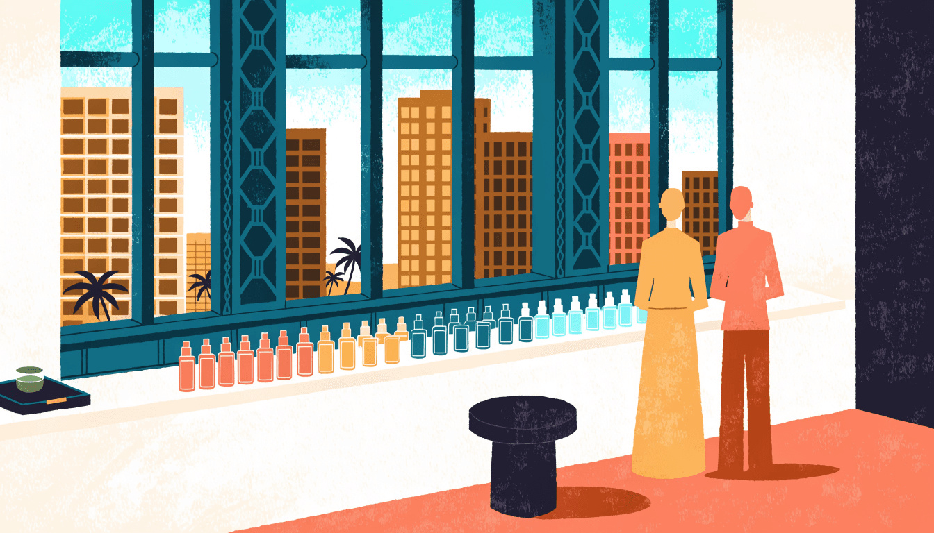 Editorial illustration of a prestige skincare counter inside a Southeast Asian department store: a marble counter of small glass bottles, a tray with a cup of tea, and a tropical city skyline through a tall window, with two figures browsing.