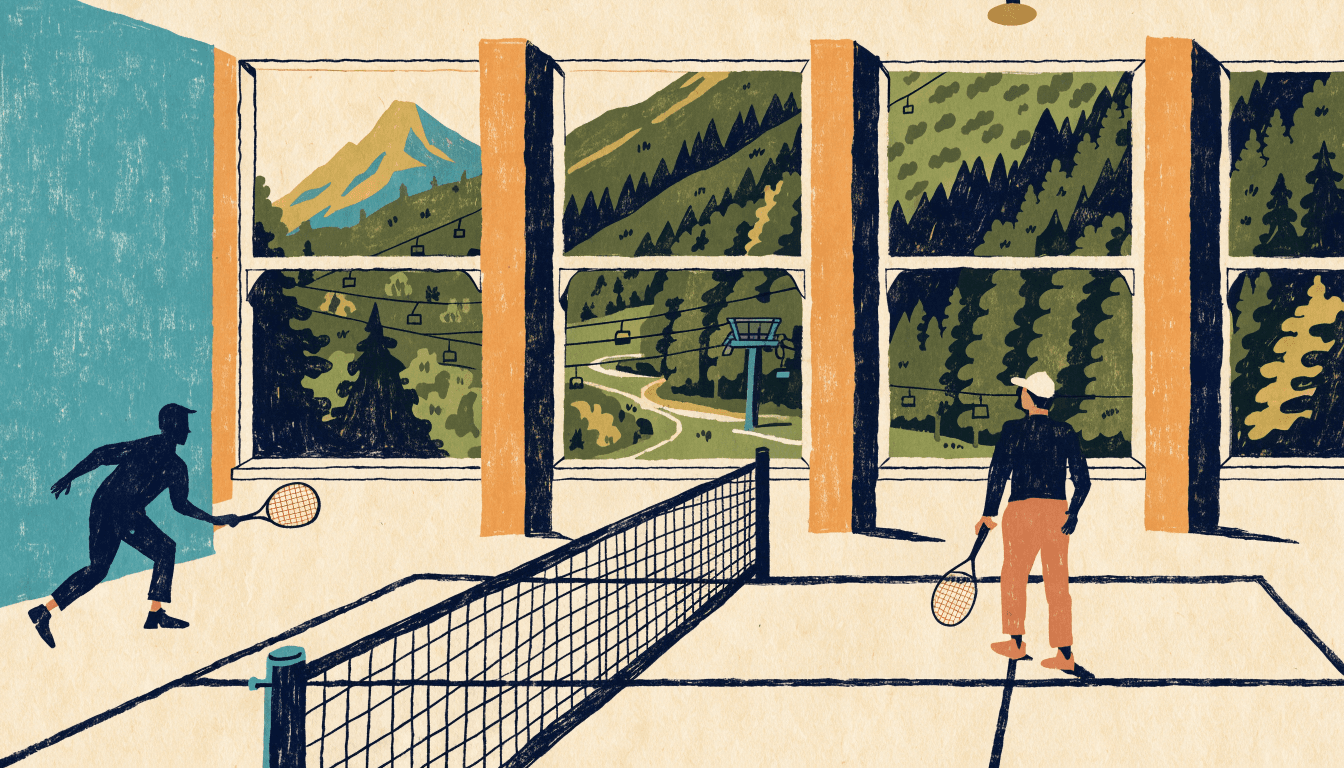 Illustration of an indoor racquet court inside a highland resort hall, a net strung across the painted court and tall windows looking out to forested slopes and a summer chairlift.
