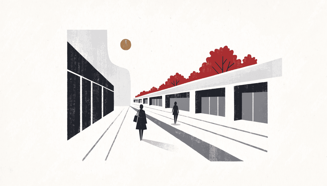 Editorial illustration of an open-air outlet mall walkway at golden hour, rows of storefronts with awnings, shoppers strolling between brand signage-free facades, autumn foliage accents.