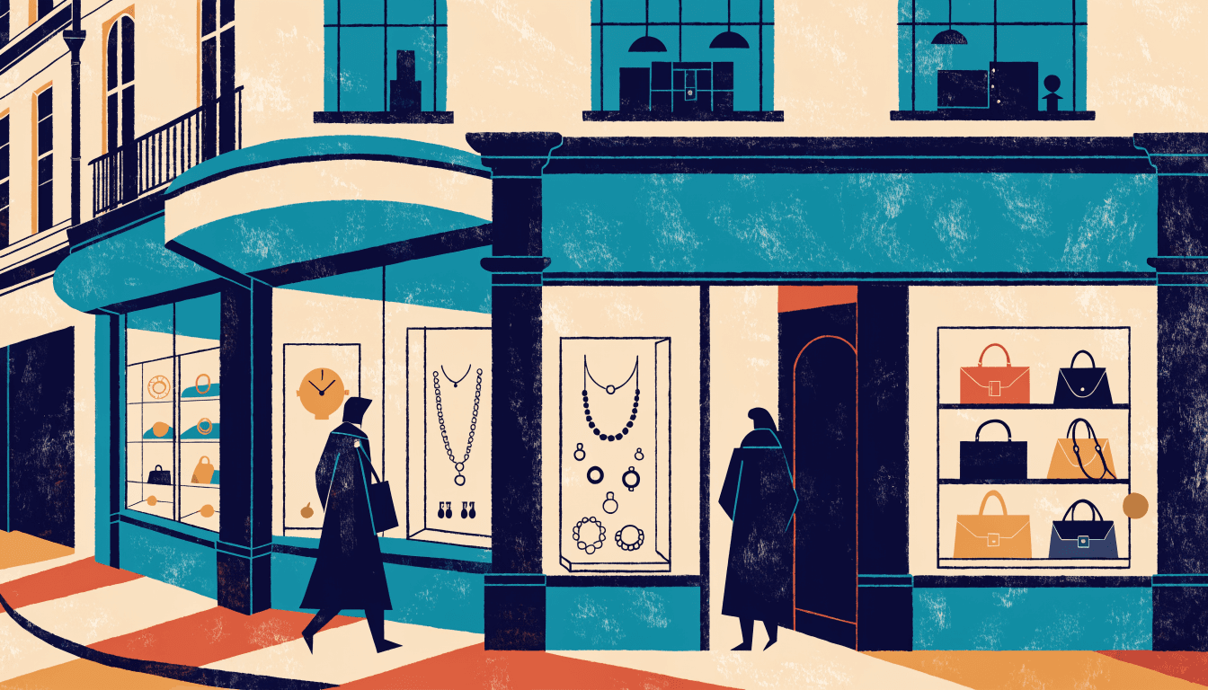 Illustration of a luxury resale shopfront with jewelry, watches and handbags in a London-style storefront