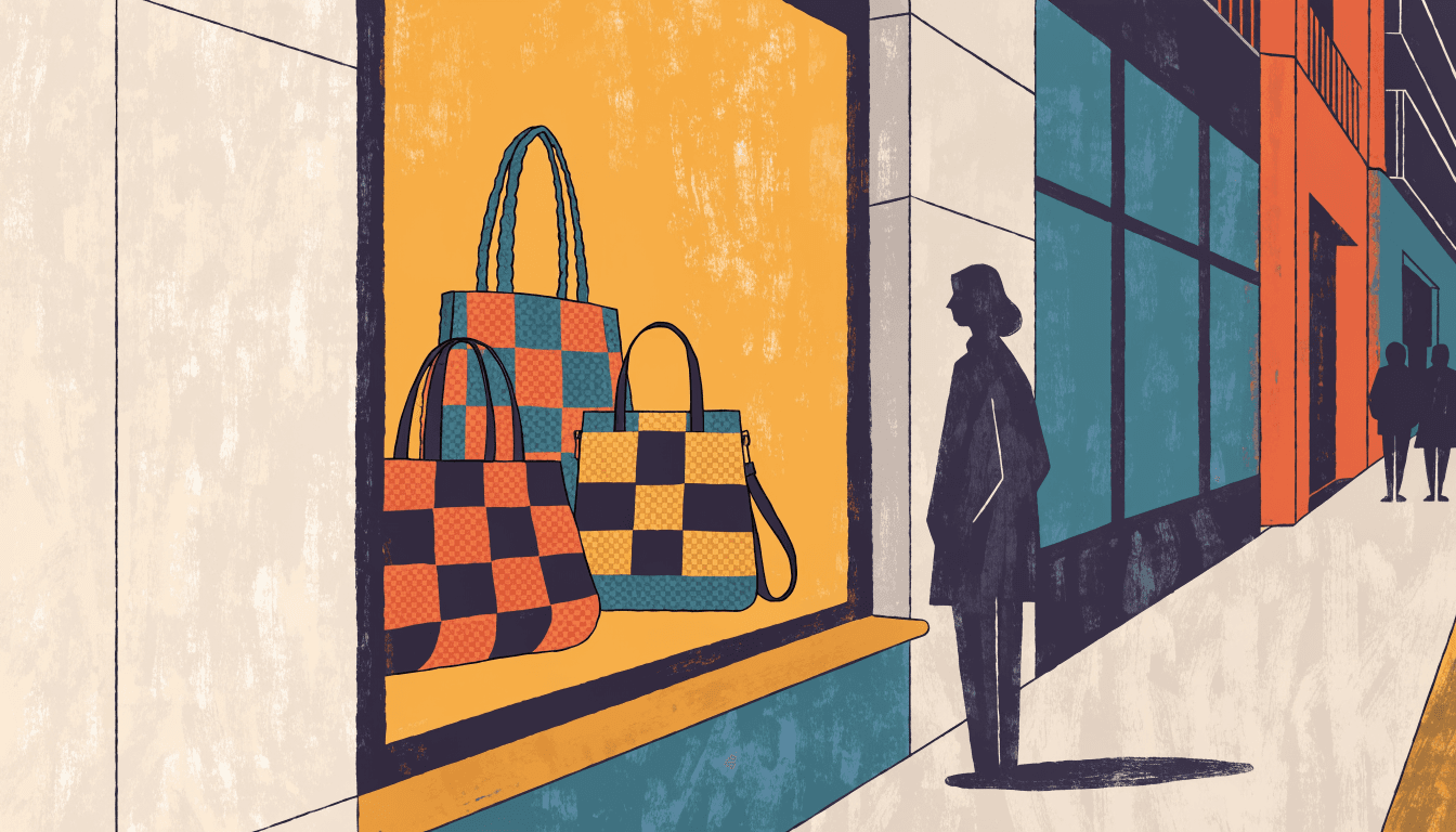 A Ginza department-store window filled with knit bags in graphic patterns, a silhouetted shopper pausing to look, warm evening light