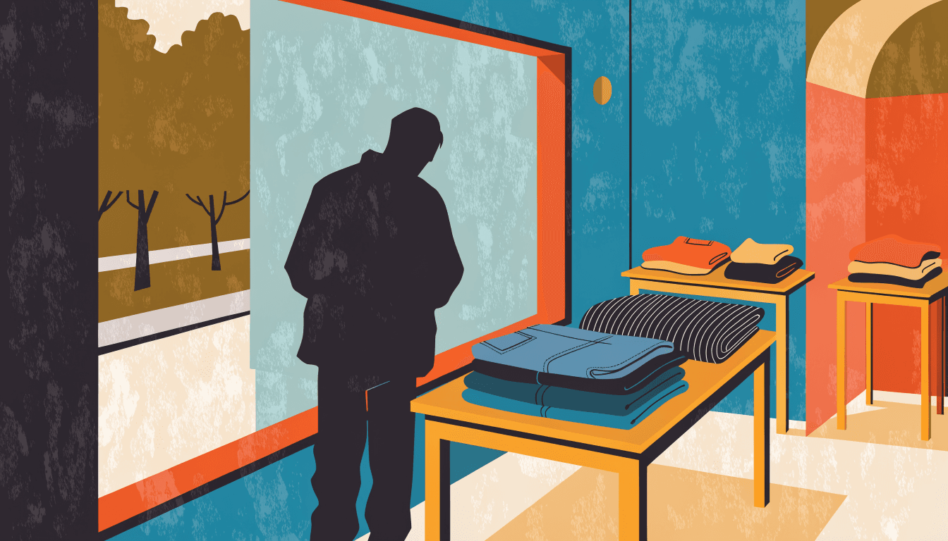 Flat-vector illustration of a small Daikanyama boutique interior with folded denim and knitwear on simple wooden tables, a large window looking onto a quiet tree-lined street, one silhouette figure browsing from behind, one small brass-gold accent.