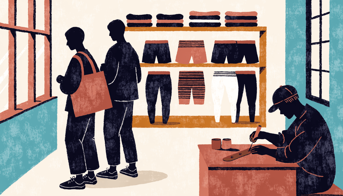 Editorial illustration of a minimalist activewear boutique interior, with a craftsperson embossing a leather strap at a small personalisation counter while two silhouetted shoppers browse folded activewear nearby, warm cream and terracotta palette.
