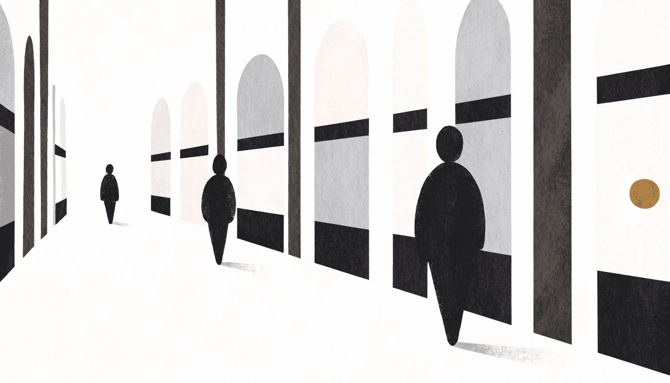 Flat editorial illustration of a long arched shopping arcade receding on a diagonal, anonymous silhouetted shoppers, one bay with a small brass-gold accent.